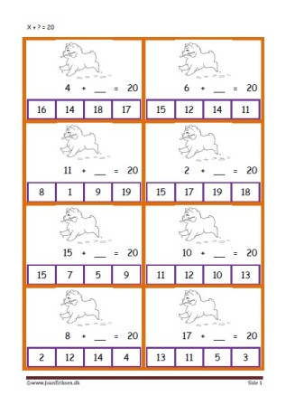 Elevopgave med plus stykker til undervisning i matematik. Plus hvad er = med?