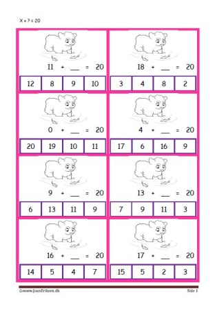 Elevopgave med plus stykker til undervisning i matematik. Plus hvad er = med?