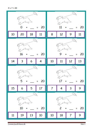 Elevopgave med plus stykker til undervisning i matematik. Plus hvad er = med?