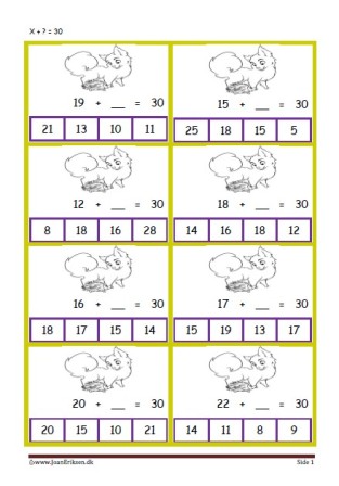 Elevopgave med plus stykker til undervisning i matematik. Plus hvad er = med?