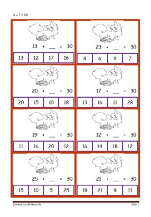 Elevopgave med plus stykker til undervisning i matematik. Plus hvad er = med?