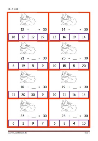 Elevopgave med plus stykker til undervisning i matematik. Plus hvad er = med?