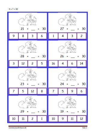 Elevopgave med plus stykker til undervisning i matematik. Plus hvad er = med?