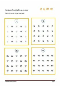 Elevopgaver med genkendelse af bogstaver.. n, u, m, w,