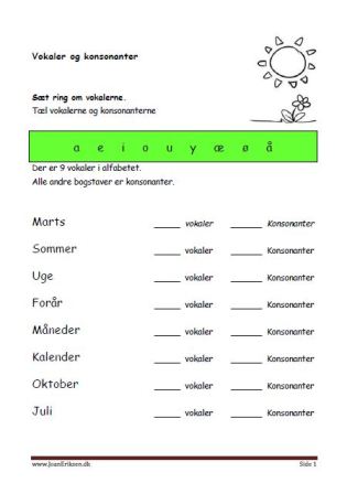 Elevopgave til undervisning i vokaler og konsonanter. Årets gang.