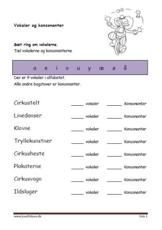 Elevopgave til undervisning i vokaler og konsonanter. Cirkus.