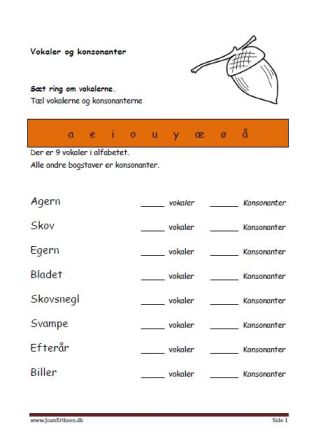 Elevopgave til undervisning i vokaler og konsonanter. Efterår.