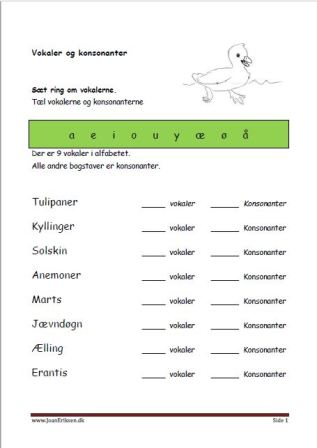 Elevopgave til undervisning i vokaler og konsonanter. Forår.
