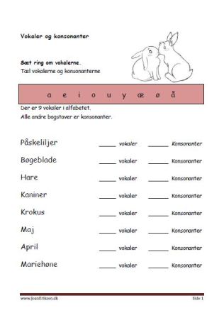Elevopgave til undervisning i vokaler og konsonanter. Forår.