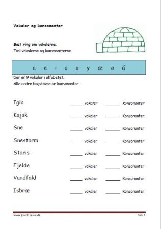 Elevopgave til undervisning i vokaler og konsonanter. Grønland.