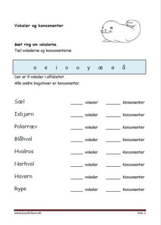 Elevopgave til undervisning i vokaler og konsonanter. Grønland.