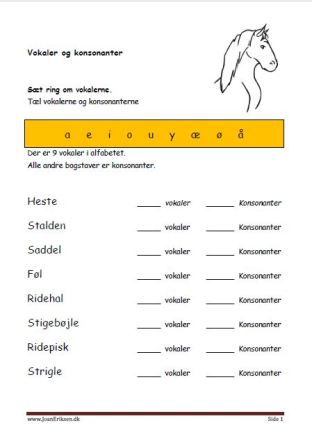 Elevopgave til undervisning i vokaler og konsonanter. Heste.