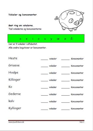 Elevopgave til undervisning i vokaler og konsonanter. Husdyr.