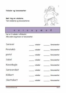 Elevopgave til undervisning i vokaler og konsonanter. Pirater.