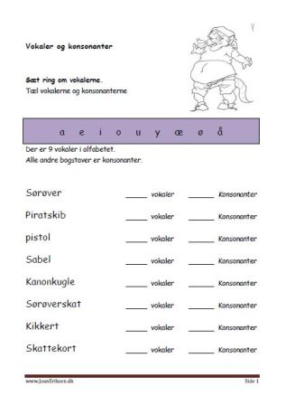 Elevopgave til undervisning i vokaler og konsonanter. Pirater.