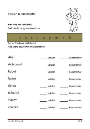 Elevopgave til undervisning i vokaler og konsonanter. Rummet.