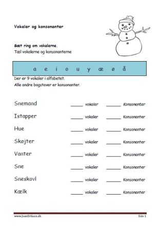 Elevopgave til undervisning i vokaler og konsonanter. Vinter.