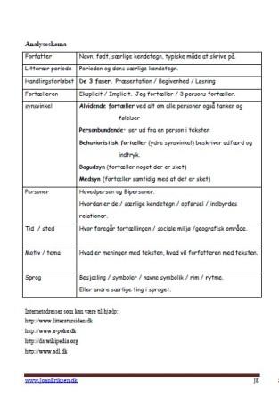 Analyseskema til analyse af bøger. Undervisning i litteratur.