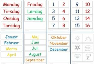 Kalender med dage, uger, måneder og vejret til undervisning.