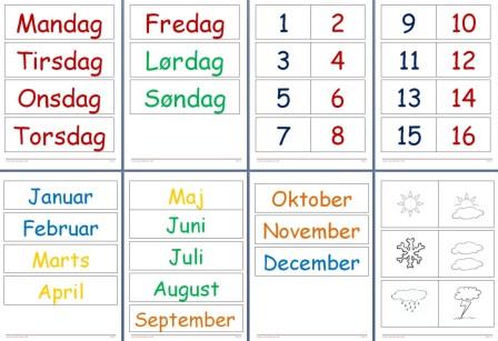 Kalender med dage, uger, måneder og vejret til undervisning.