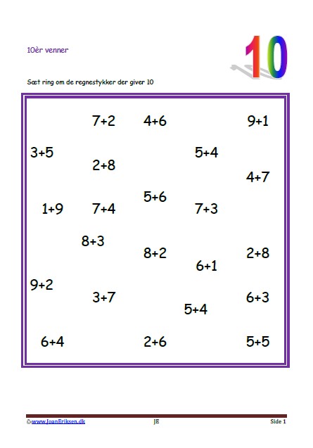 Elevopgave til matematik undervisningen. 10ér venner.