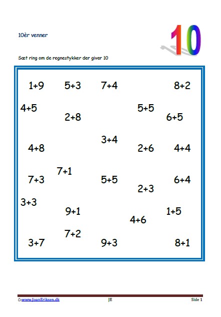 Elevopgave til matematik undervisningen. 10ér venner.