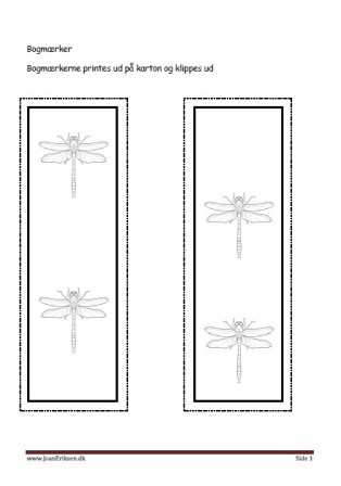 Bogmærker der kan males eller farvelægges, Undervisning i billedkunst og temaerne sommer og insekter.