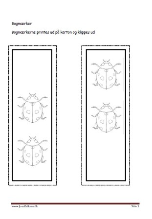 Bogmærker der kan males eller farvelægges, Undervisning i billedkunst og temaerne sommer og insekter.
