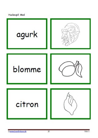 Memory / huskespil til undervisningen i dansk og temaet mad.
