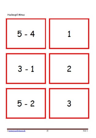 Memory / huskespil til undervisningen i matematik med minusstykker.