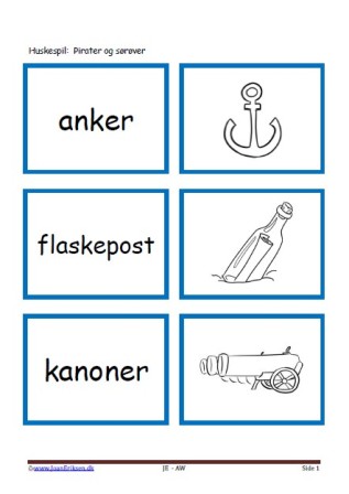 Memory / huskespil til undervisningen i dansk og temaet pirater og sørøver.