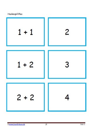 Memory / huskespil til undervisningen i matematik med plusstykker.