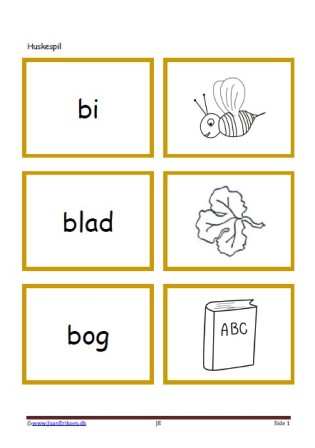 Memory / huskespil til undervisningen i dansk med små lette ord.