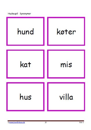 Memory / huskespil til undervisningen i dansk og temaet synonymer.