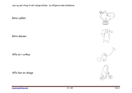 Læs med Alfa og Beta og sæt streg til det rigtige billede. Begynderlæsning.