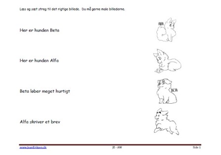 Læs med Alfa og Beta og sæt streg til det rigtige billede. Begynderlæsning.