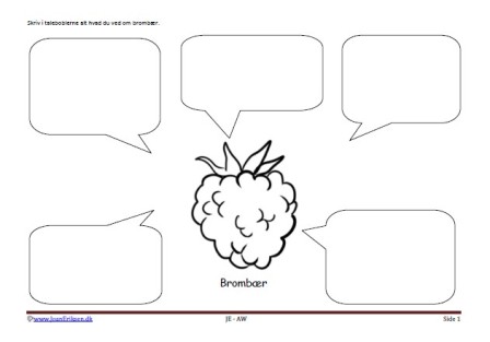Skriveark med talebobler til undervisning i brombær.
