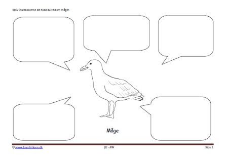Skriveark med talebobler til undervisning i fugle