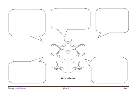 Skriveark med talebobler til undervisning i insekter, mariehøns.
