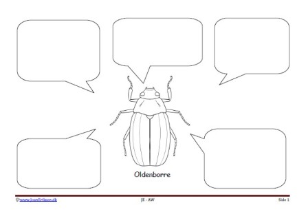 Skriveark med talebobler til undervisning i insekter. Oldenborre