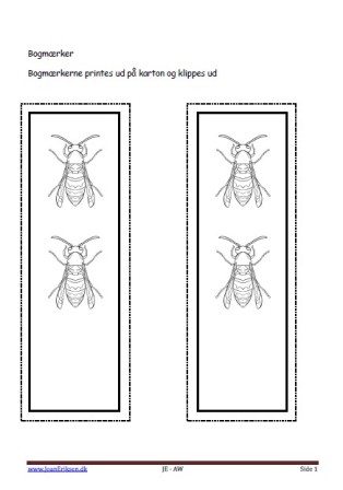 Bogmærker der kan males eller farvelægges, Undervisning i billedkunst og temaerne Insekter og skoven.