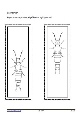 Bogmærker der kan males eller farvelægges, Undervisning i billedkunst og temaerne Insekter og skoven.
