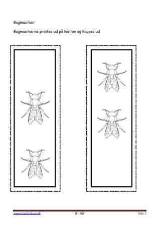 Bogmærker der kan males eller farvelægges, Undervisning i billedkunst og temaerne Insekter og skoven.