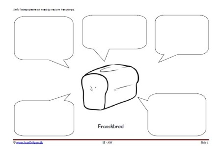 skriveark med talebobler, til undervisning i børnestavning, faglitteratur og skrivning. brød