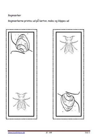 Bogmærker der kan males eller farvelægges, Undervisning i billedkunst og temaerne insekter, skoven.