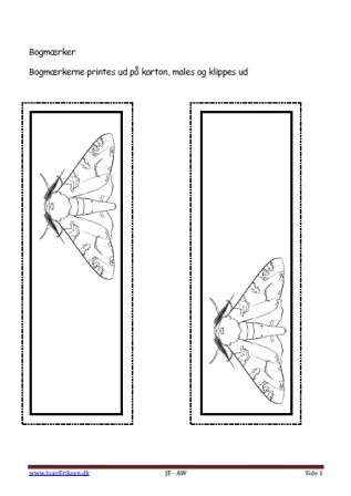 Bogmærker der kan males eller farvelægges, Undervisning i billedkunst og temaerne skoven, insekter, birkemåker.
