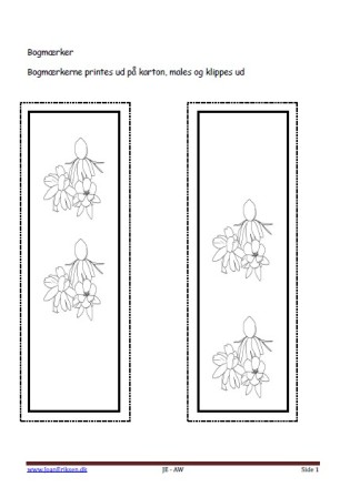 Bogmærker der kan males eller farvelægges, Undervisning i billedkunst og temaerne forår og blomster.