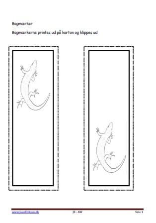 Bogmærker der kan males eller farvelægges, Undervisning i billedkunst og temaerne Krybdyr og smådyr. skoven. Firben.