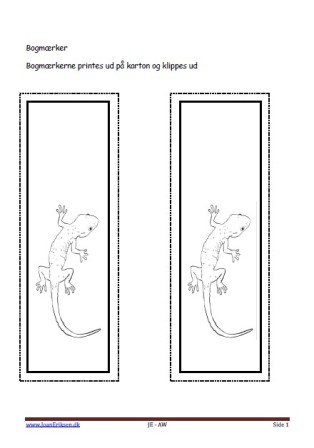 Bogmærker der kan males eller farvelægges, Undervisning i billedkunst og temaerne Krybdyr og smådyr. terrarier. Gekko