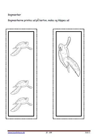 Bogmærker der kan males og bruges i undervisningen. Havskildpadde.
